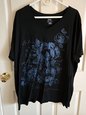 JMS Black V-Neck Tee with Blue Floral Print